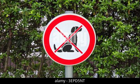 Ein kreisförmiges öffentliches Schild zeigt eine schwarze Hundesilhouette innerhalb eines dicken roten Verbotskreises mit einem roten, diagonalen Schlitz auf einem Metallmast Stockfoto