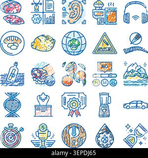 Hand gezeichnet bunte Skizze Icon Set veranschaulicht verschiedene Konzepte Essen, Technologie, Natur, Gesundheit, Auszeichnungen, Transport, Feedback und Prozesse einfache Bildung Stock Vektor