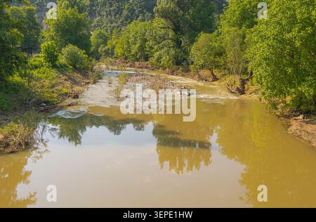 Ein sich windender Fluss mit schlammigem Wasser fließt durch dichte grüne Wälder und zeigt Anzeichen von jüngsten Überschwemmungen, Erosion und natürlicher Ufertransformation Stockfoto