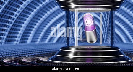 Futuristisches Cyber-Forschungslabor mit leuchtend violetter Quantenkraftzelle in Glaszylinderkammer, 3D-Rendering Stockfoto