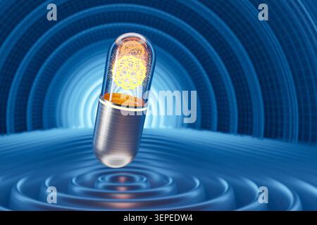 Schwebender, glühender Energiekapsel, die über konzentrischen Wellen im blauen Cyber-Tunnel schwebt, 3D-Rendering Stockfoto