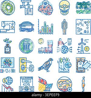 Handgezeichnete skizzierte Symbole, die eine Vielzahl von Konzepten darstellen, einschließlich Technologie, Natur, Finanzen, Gesundheit und menschliche Aktivitäten, reflektiert einen Bro Stock Vektor