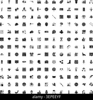 Große Sammlung von verschiedenen monochromen Glyphen-Symbolen, die verschiedene Konzepte darstellen, darunter Business, Technologie, Medizin, Natur, Bildung, Kommunikation Stock Vektor