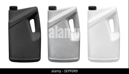 Set aus Motorölkanistern aus Kunststoff in den Farben Schwarz, Silber und weiß mit Kappen Stockfoto