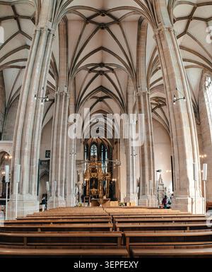 Erfurt, Deutschland - 27. März 2026. Großer Blick in eine historische gotische Kirche mit Rippengewölben, Steinsäulen, Holzbänken, Altar, Kronleuchtern. Stockfoto