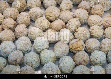 Miami Beach Florida, gefrorene Fleischbällchen, rohe Fleischbällchen, ungekochte Speisen, Fertiggerichte, Hackfleisch, Brotkrumenüberzug, panierte Fleischbällchen, hausgemachte Kekse Stockfoto