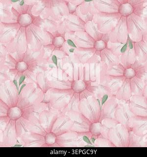 Nahtloses Aquarellmuster mit rosa Gänseblümchen und kleinen grünen Blättern, floraler Hintergrund für romantische Textilien, Kinderzimmer-Tapete, feminine Stoffdesigns, Frühlingshochzeiteinladungen, Verpackung Stockfoto