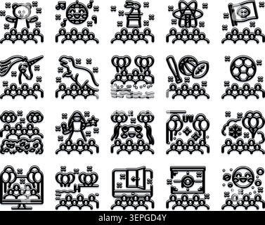 Symbole, die verschiedene Unterhaltungsformen veranschaulichen, darunter Musik, Fantasy, Wissenschaft, Sport, und Feiern, die ein vielfältiges Publikum mit Dif-Vergnügen einfangen Stock Vektor