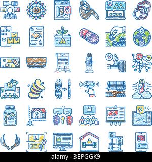 Sammlung farbenfroher handgezeichneter Stilsymbole, die verschiedene Konzepte abdecken, darunter Technologie, Wirtschaft, Medizin, Bildung und Umweltschutz Stock Vektor