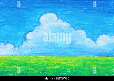 Handgezeichnet von Blue Sky White Clouds Meadow. Hintergrund Für Frisches Frühlingsfeld Stockfoto