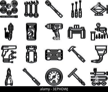 Eine Vielzahl von wichtigen Handwerkzeugen und Geräten für die Reparatur von Heim-, Werkstatt- und Automobilen, einschließlich Schraubenschlüssel, Schraubendreher, Bohrer, Hammer, Zangen, Buchse Stock Vektor