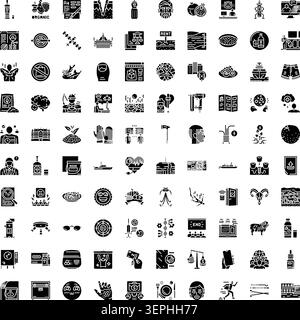 Große Sammlung verschiedener monochromer Glyphicons zu Themen wie Wirtschaft, Finanzen, Gesundheit, Umwelt, Bildung, Technologie und Reisen für Stock Vektor