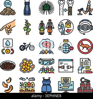 Satz von verschiedenen Vektorlinien-Symbolen, die verschiedene Themen wie Nachhaltigkeit, Kommunikation, Technologie, Lifestyle, Gesundheit, Umgebung, und Stock Vektor