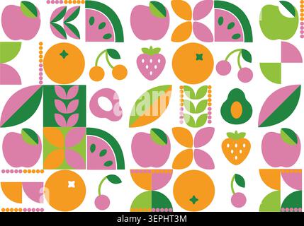 Abstrakter geometrischer Hintergrund. Satz einfacher flacher Symbole. Nahtloses Muster. Frische Bio-Lebensmittel. Früchte, Blätter und Beeren. Stock Vektor