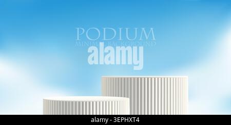 Beauty Podium auf himmelblauem Hintergrund. Kosmetische Plattform am Himmel. Produkt White Box, 3D Cloud Studio. Weiche Zylindersäule im Sommer. Natürlich Stock Vektor