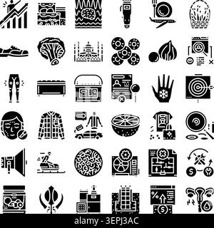 Set aus soliden schwarzen Glyphen-Symbolen, die eine breite Palette von Themen wie Finanzen, Lifestyle, Technologie, Gesundheit, Automobil, Symbol „Lebensmittel“ und „Verschiedenes“ Stock Vektor