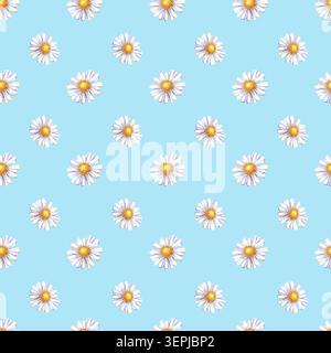 Nahtloses Muster mit handgemalten Wasserfarben auf weichem blauem Hintergrund. Diese botanische Illustration mit Kamille ist perfekt Stockfoto