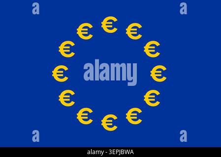 Flagge Europas mit Euro-Schildern auf azurblauem Feld. Europäische Flagge, in der die Sterne durch zwölf goldene Euro-Symbole ersetzt wurden, die einen Kreis bilden. Stockfoto