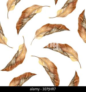 Nahtloses Aquarellmuster mit verstreuten getrockneten Herbstblättern (Buche) in warmen Braun- und Beigetönen. Ideal für Textilien und Geschenkpapier Stockfoto