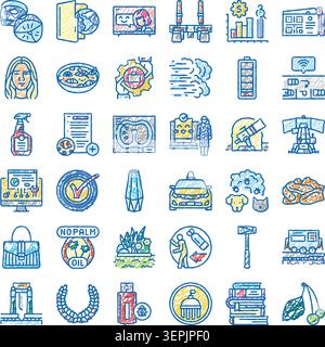 Handgezeichnetes Doodle-Symbol-Set mit bunten Symbolen für Wirtschaft, Technologie, Lifestyle, Wissenschaft und Umwelt, ideal für Infografiken, Web und App Stock Vektor