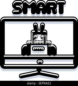 Robotercharakter, der mit der Smart Screen-Technologie interagiert und Konzepte der künstlichen Intelligenz, der digitalen Innovation und der zukünftigen Computertechnik repräsentiert Stock Vektor