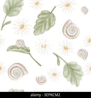 Zartes Sommer Aquarell Kamille, Blätter und Schneckenschalen nahtloses Muster auf weißem Hintergrund Stockfoto