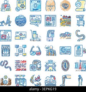 Gemischte Sammlung von Unternehmen, Technologie, Finanzen, Reisen, Gesundheit, Natur- und Social Concept-Symbole in einem bunten, handgezeichneten, skizzierten Stil, Agave Stock Vektor