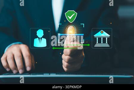 Biometrisches Fingerabdruckscannen für sichere Bankauthentifizierung, Identitätsüberprüfung und Cybersicherheit Datenbankzugriffsschutzkonzept W Stockfoto