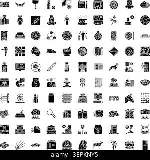 Große Sammlung verschiedener monochromer Glyphicons, die verschiedene Konzepte, Objekte und Branchen für moderne Geschäfts- und Technologieanwendungen darstellen Stock Vektor