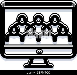 Computermonitor mit einer Gruppe von Personensymbolen, die Online-Meetings, digitale Zusammenarbeit, Teamkonferenzen und virtuelle Netzwerkaktivitäten symbolisieren Stock Vektor