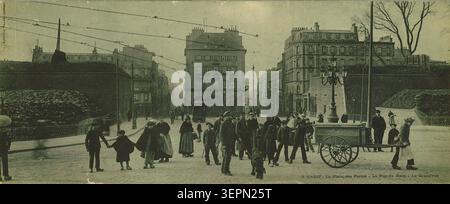 Die Straßen von Brest zeigen Place des Portes, Rue de Siam und Grand'rue, die im Stadtbild von Finistère, Frankreich, angeordnet sind und eine Postkartenansicht der kommerziellen und bürgerlichen Zirkulation durch das Stadtzentrum bieten. Stockfoto