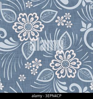 Blaues, nahtloses Folk-Blumenmuster mit stilisierten Blumen auf Denim-Leinenstruktur Stockfoto