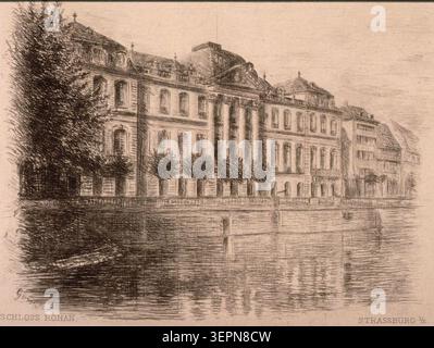 Schloss Rohan in Straßburg steht als städtischer Palast von Rohan, der in einer illustrierten architektonischen Ansicht präsentiert wird und die Fassadenkomposition, die Fenster und die formale Palaststruktur im Straßburger Stadtbild des 19. Jahrhunderts betont. Stockfoto