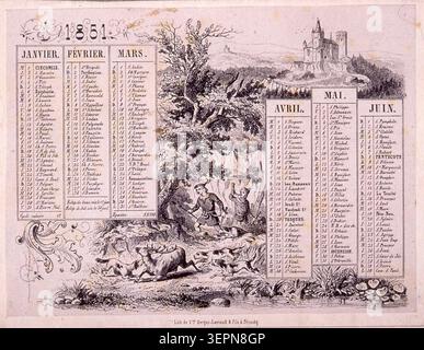 Straßburger Kalenderblatt Januar bis Juni 1851 Lithografie, Berger-Levrault Lithografie-Werkstatt produzierte für Januar bis Juni 1851 ein strukturiertes Kalenderblatt, in dem gedruckte monatliche Planungsplanungen vorgestellt wurden, die die kommerziellen Verlags- und Zeitplanungspraktiken in Straßburg Mitte des 19. Jahrhunderts widerspiegeln. Stockfoto