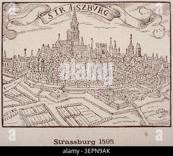 Pressefoto zeigt eine Darstellung von Straßburg aus dem Jahr 1595, aufgenommen im Jahr 1891, die das historische Stadtbild der Stadt und die allgemeine Rekonstruktion innerhalb der historischen Dokumentationspraxis des späten 19. Jahrhunderts zeigt. Stockfoto