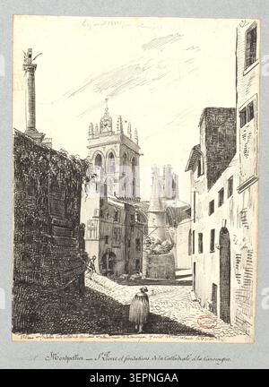 Saint-Pierre et les fondations de la Cathédrale à la Canourgue Montpellier präsentiert einen gezeichneten Blick aus dem Jahr 1822 auf die Fundamente und Bautätigkeit der Kathedrale in Montpellier und zeichnet die Entwicklung der kirchlichen Architektur im Canourgue-Gebiet von Hérault auf. Stockfoto