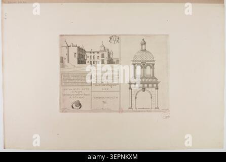Octave de Rochebrune verbindet das Haus von Nicolas Rapin in Terre-Neuve in Fontenay-le-Comte mit der Fontaine de la Fosse bei Mouilleron-en-Pareds im Jahr 1863 und präsentiert architektonische und heraldische Elemente innerhalb einer einheitlichen Studie der Vendée-Kulturstätten. Stockfoto