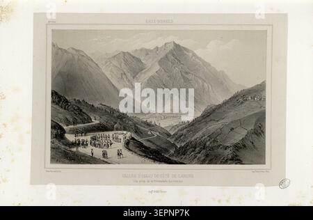 Die Illustration zeigt das Ossau-Tal bei Eaux-Bonnes in den Pyrenäen-Atlantiques, von der Promenade Horizontale in Richtung Laruns gesehen, mit Dorfstrukturen, Berghängen und ländlicher Talkulisse. Stockfoto