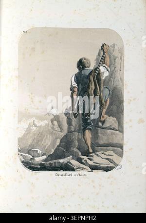 Gravur zeigt eine isardenjagd im Maladeta-Massiv in den spanischen Pyrenäen im Jahr 1849, die Jäger in traditioneller Tracht zeigen, die Schusswaffen auf zerklüftetes Berggebiet im Massif de la Maladeta in Spanien zielen. Stockfoto