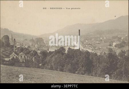 Die allgemeine Ansicht von Senones in den Vogesen zeigt ein breites Siedlungslayout mit Häusern und umliegendem Tal im Elsass, aufgenommen als monochromes Pressefoto aus dem Jahr 1880. Stockfoto