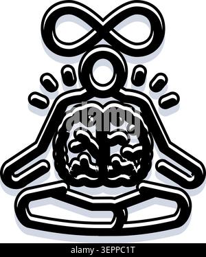 Person, die in einer meditativen Yoga-Pose sitzt, mit einem unendlichen Symbol über dem Kopf und einem sichtbaren Gehirn, das Achtsamkeit, geistiges Wohlbefinden und repräsentiert Stock Vektor