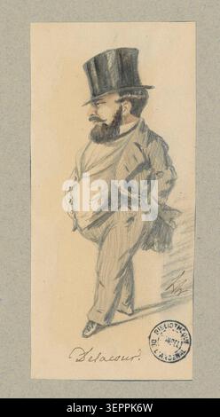 Alfred Delacour Porträtzeichnung präsentiert den französischen Dramatiker Alfred Delacour (1817–1883) in einem formalen Atelierbild von Lhéritier und zeichnet seine literarische Präsenz in französischen Kulturkreisen des 19. Jahrhunderts durch eine illustrierte biografische Porträtserie auf. Stockfoto