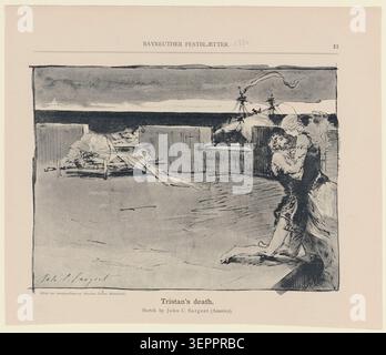 Eine Skizze von Tristans Tod von John Singer Sargent aus dem Jahr 1884 stellt eine gezeichnete Studie zu Richard Wagners Tristan und Isolde vor, die sich auf dramatische Opern-Narrativbilder innerhalb der künstlerischen Interpretation des Musiktheaters des 19. Jahrhunderts konzentriert. Stockfoto