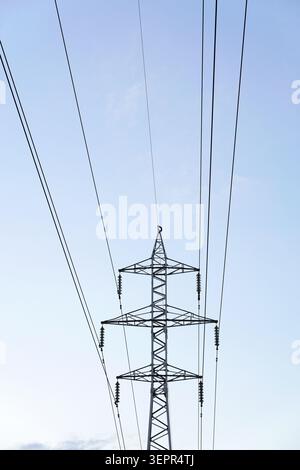 Stromübertragungspylon, der ein Netz von Freileitungen unterstützt und wichtige Energie an Privathaushalte und Industrien gegen einen hellen cl verteilt Stockfoto