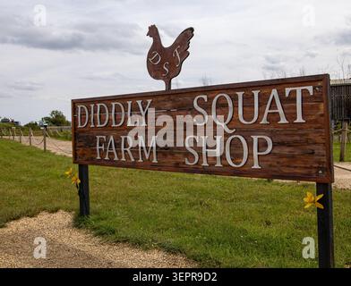 Holzschild für Diddly Squat Farm Shop mit Hühnersilhouette in der Landschaft von Oxfordshire Stockfoto
