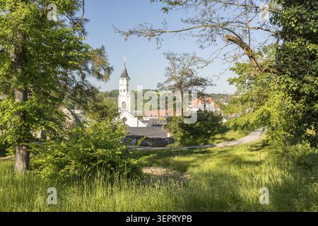 Blick auf die Stadt mit Laurentiuskirche von der Ruine von Schloss Elsterberg, Vogtland, Sachsen, Deutschland Stockfoto