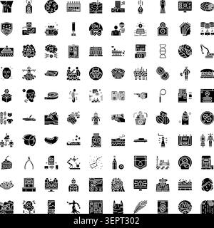 Große Sammlung verschiedener monochromer Glyphicons mit einer Vielzahl von Objekten, Konzepten und Symbolen, die für Anwendungen, Websites und in nützlich sind Stock Vektor