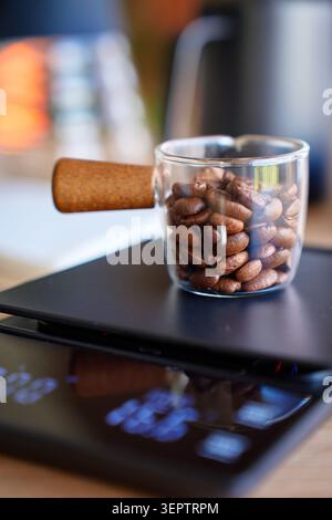 Kaffeebohnen werden in einer Glasschale auf einer digitalen Waage gewogen, wobei Kaffeewerkzeuge im Hintergrund unscharf sind. Konzept der Hausbrauerei und Kaffeevorbereitung Stockfoto
