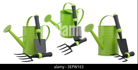 Gartenwerkzeuge wie Schaufel, Gabel und Rechen in Gießkannen, isoliert auf weißem Gartenkonzept. Stockfoto
