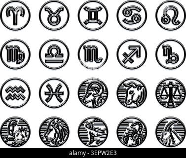 Sternzeichen und entsprechende Horoskop-Symbole werden in einer klaren schwarz-weißen Vektorillustration dargestellt, ideal für die Darstellung des Schicksals Stock Vektor
